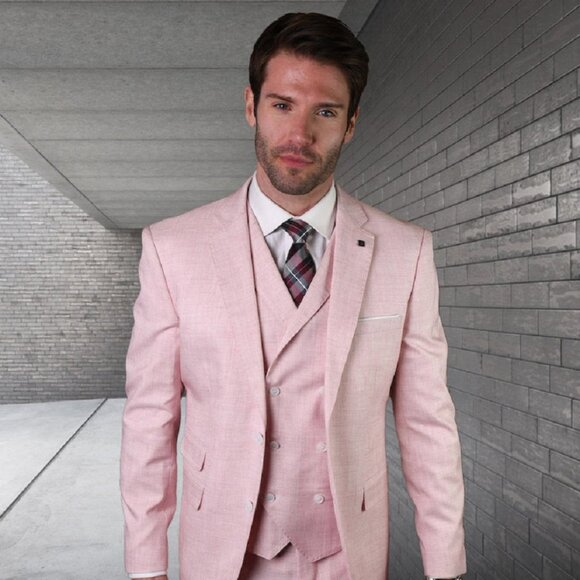 Mens 2 button Slim Fit Suit with Double Breasted Vest in Pink - Picture 1 of 2